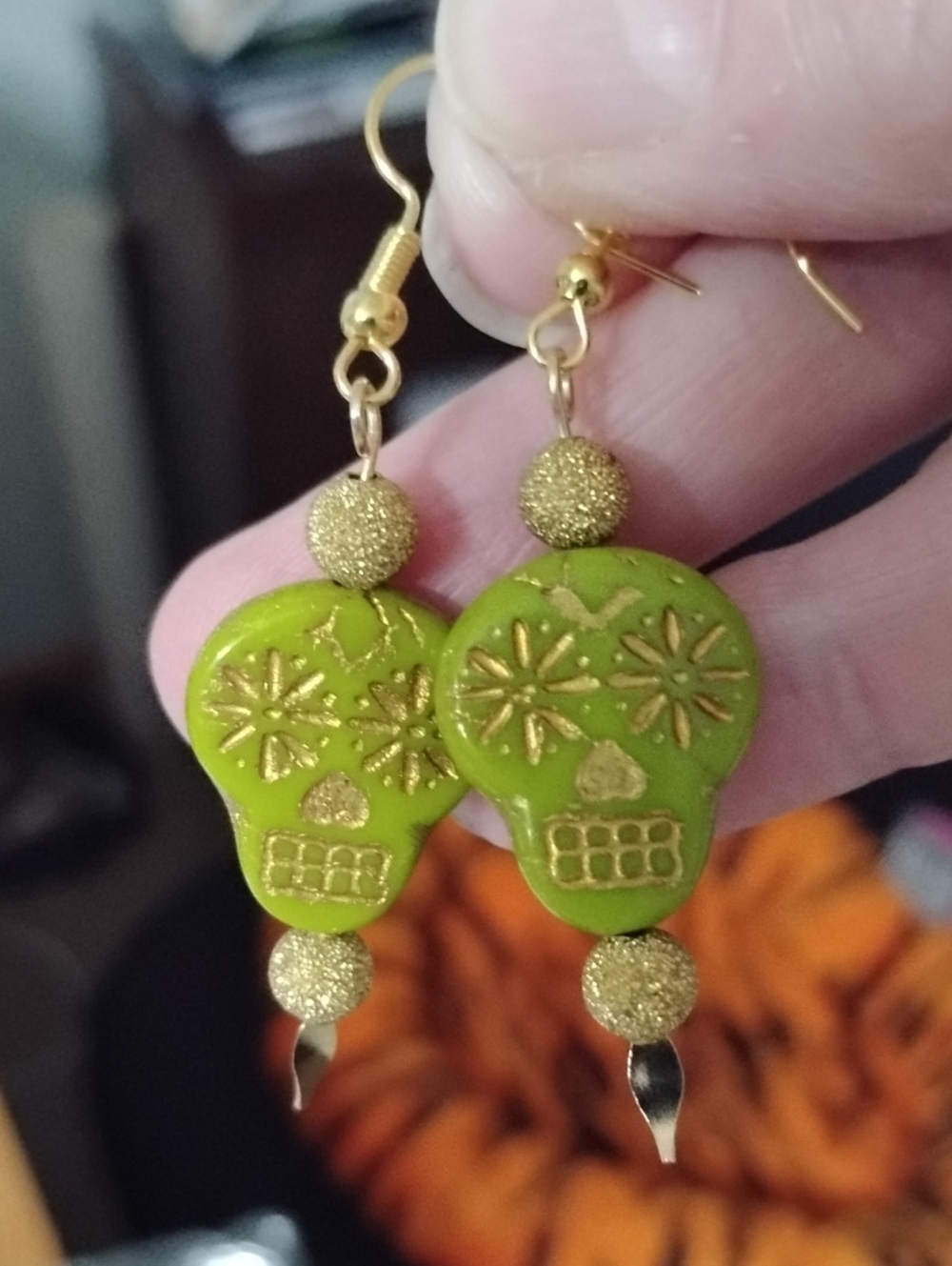 Hand Crafted Green Sugar Skull Drop Earrings - Gold Accents